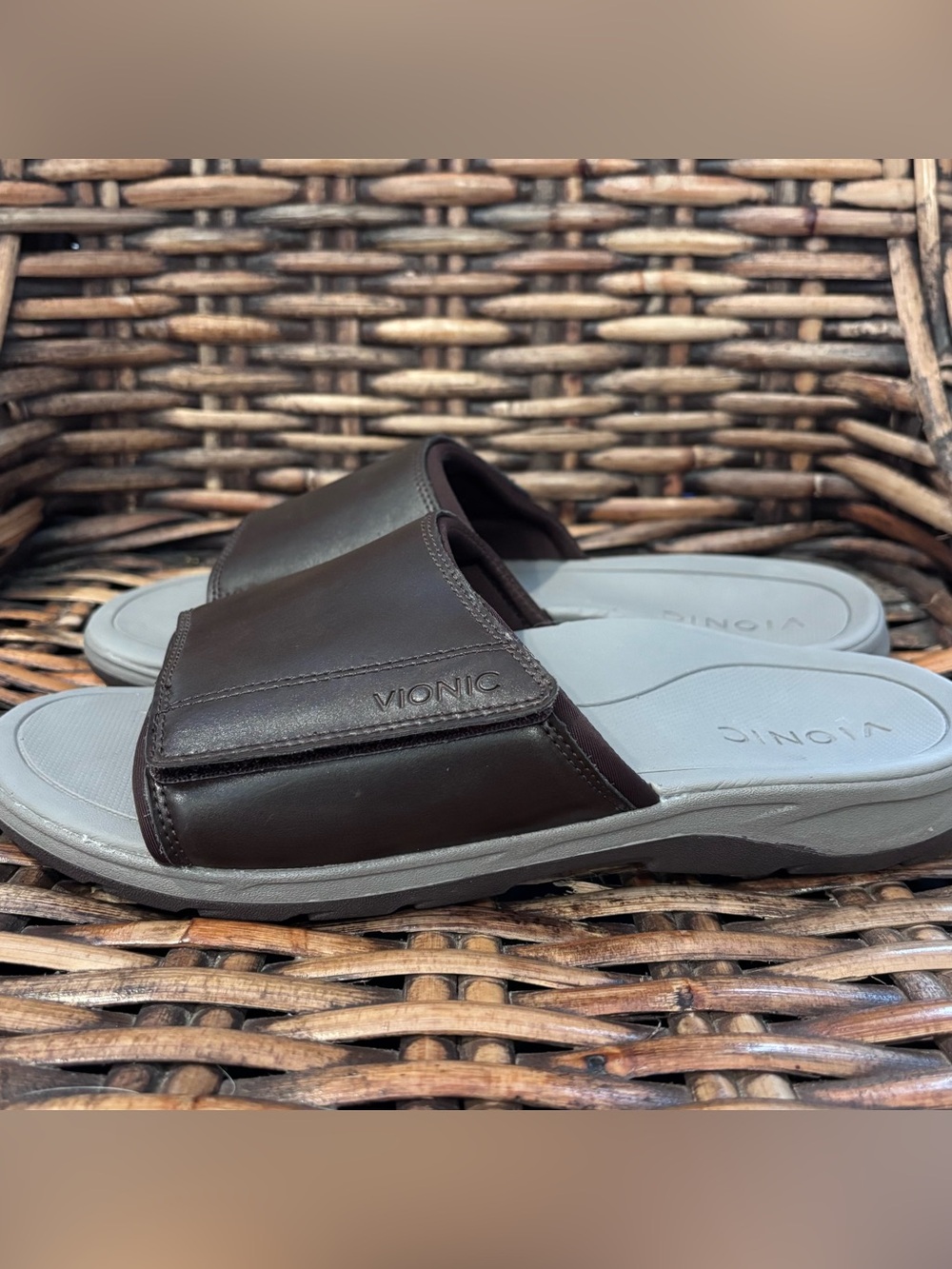 Vionic Brown Slides Sandals with Light Gray Footbed size 9. Great condition